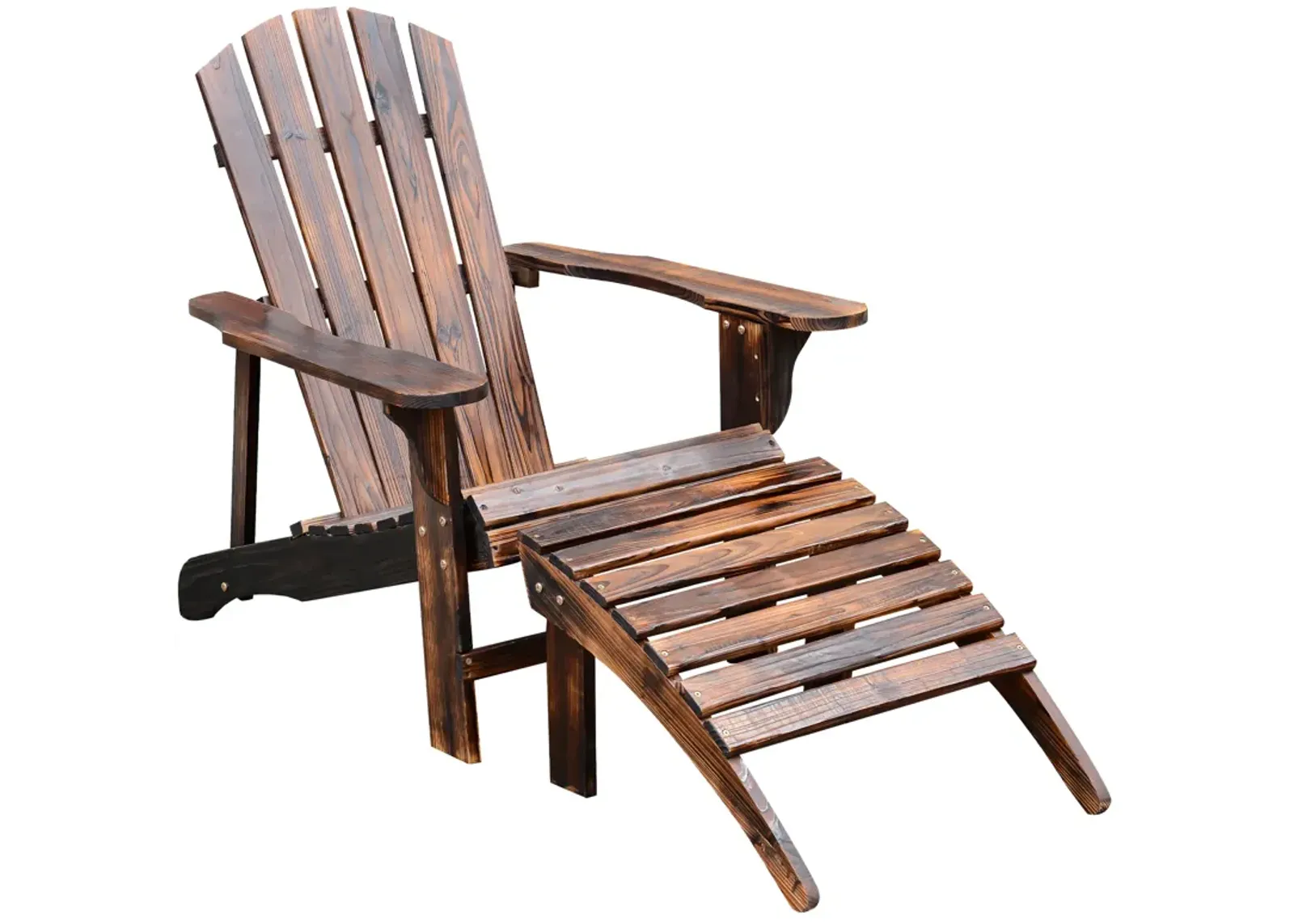 Outsunny Wooden Adirondack Chair with Ottoman, Outdoor Fire Pit Chair, Patio Lounge Chair that Supports Up to 330 lbs., Rustic Brown