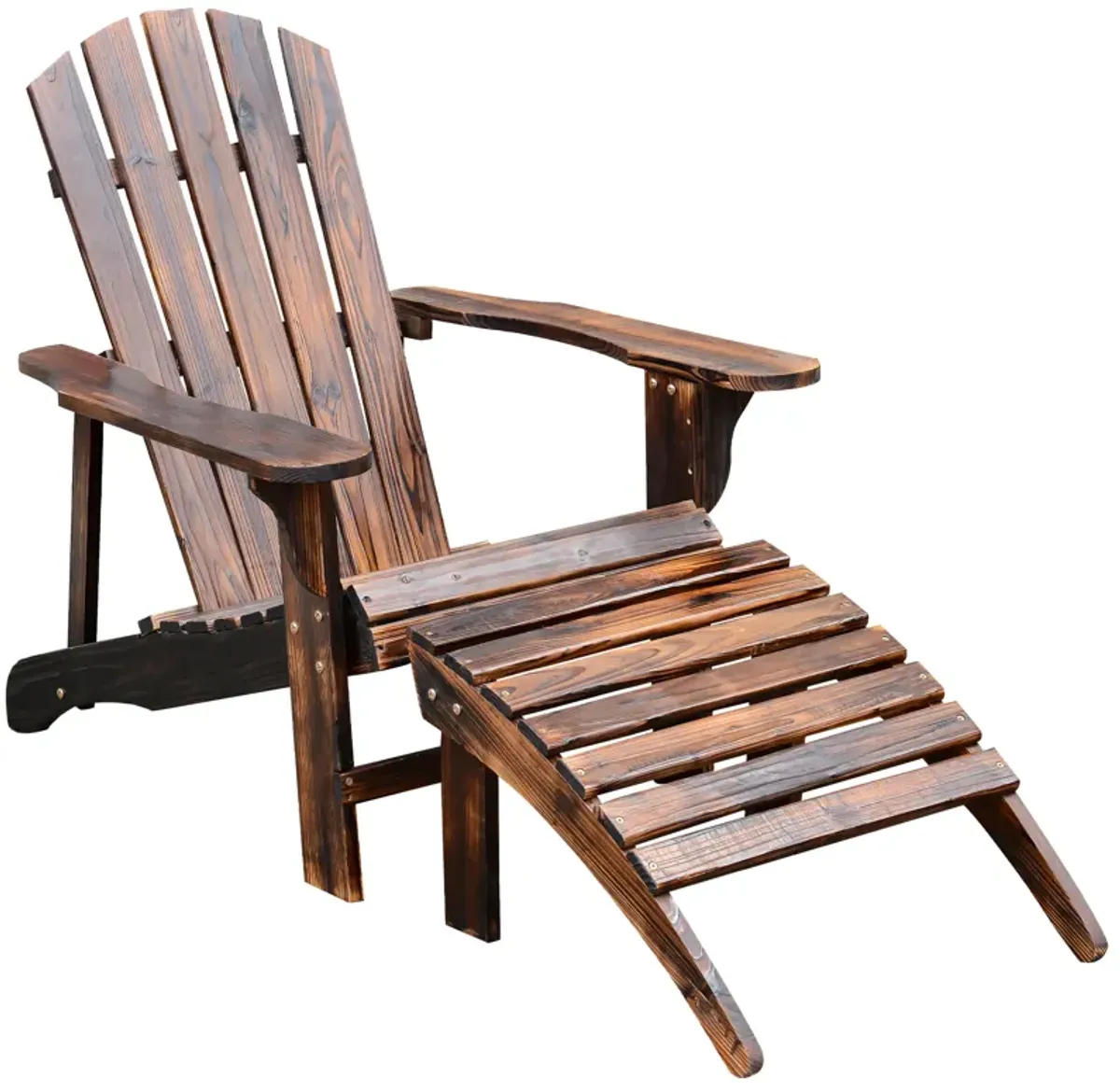 Outsunny Wooden Adirondack Chair with Ottoman, Outdoor Fire Pit Chair, Patio Lounge Chair that Supports Up to 330 lbs., Rustic Brown