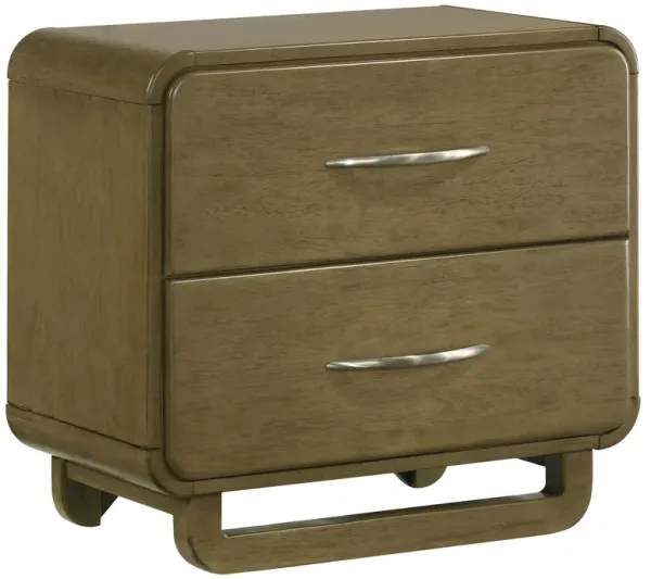 Deon Nightstand, 2 Drawers w Nickel Handles, Sled Legs, Nutmeg Brown - Benzara