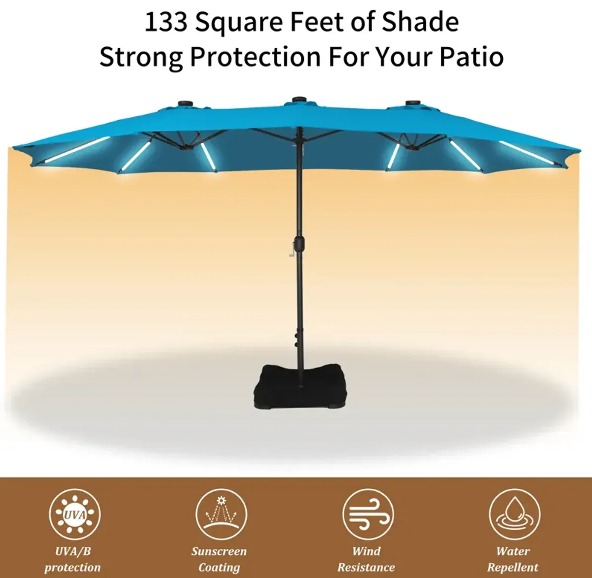 CASAINC 15ft Rectangular Double-Sided Solar LED Strip Lights Outdoor Patio Market Umbrella with Base Included