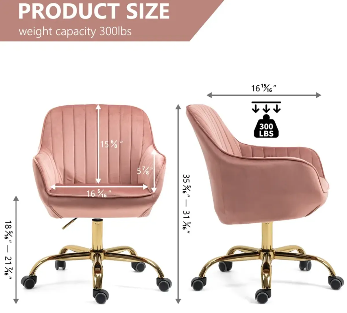 360 Pink Velvet Swivel Chair With High Back, Adjustable Working Chair With Golden Color Base