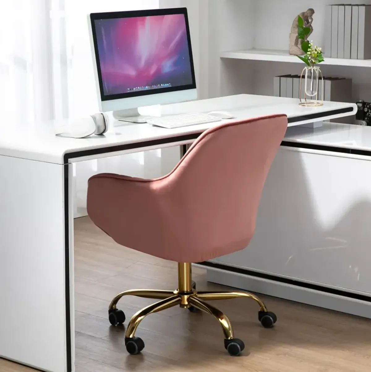 360 Pink Velvet Swivel Chair With High Back, Adjustable Working Chair With Golden Color Base