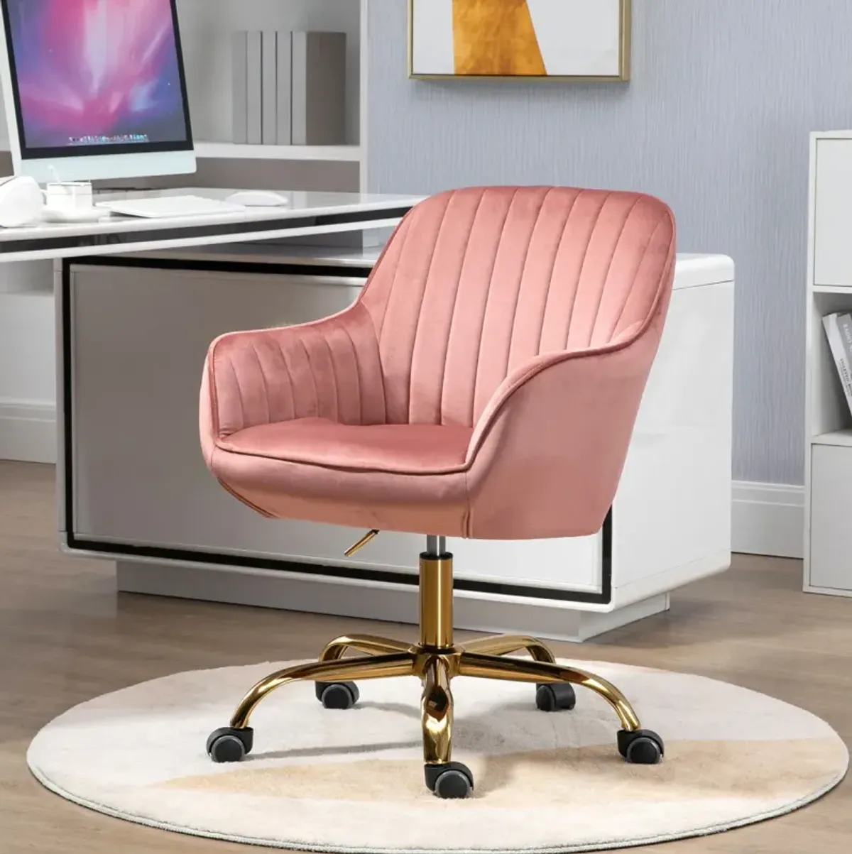 360 Pink Velvet Swivel Chair With High Back, Adjustable Working Chair With Golden Color Base