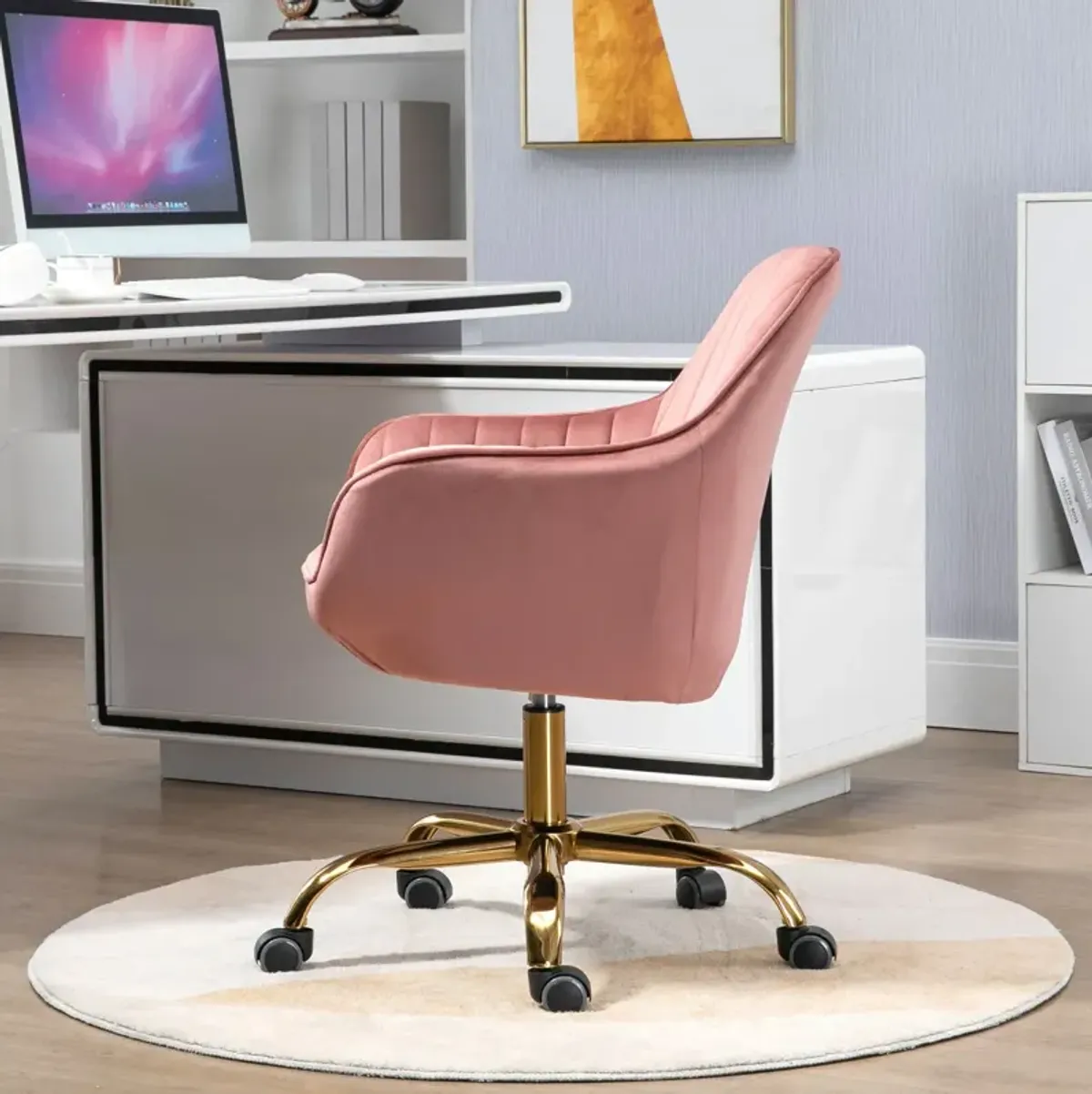 360 Pink Velvet Swivel Chair With High Back, Adjustable Working Chair With Golden Color Base