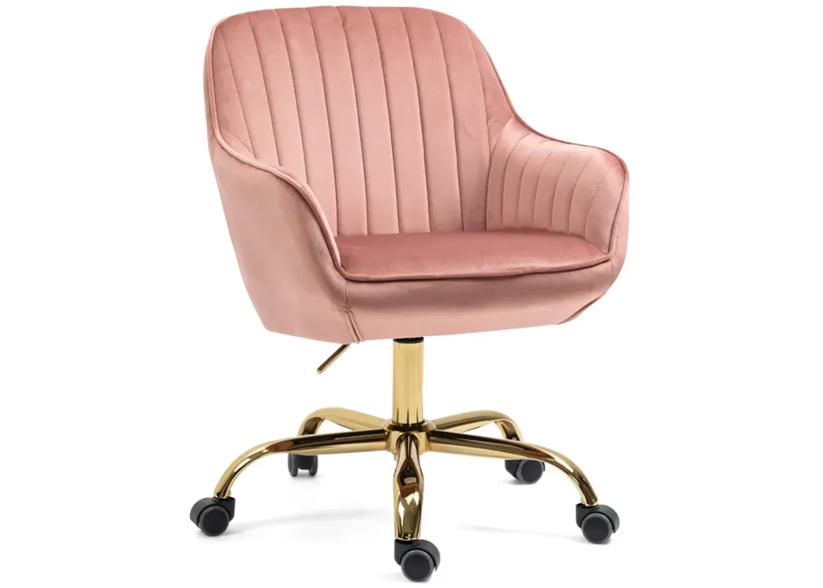 360 Pink Velvet Swivel Chair With High Back, Adjustable Working Chair With Golden Color Base