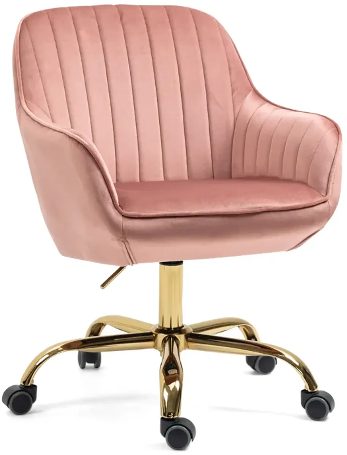 360 Pink Velvet Swivel Chair With High Back, Adjustable Working Chair With Golden Color Base