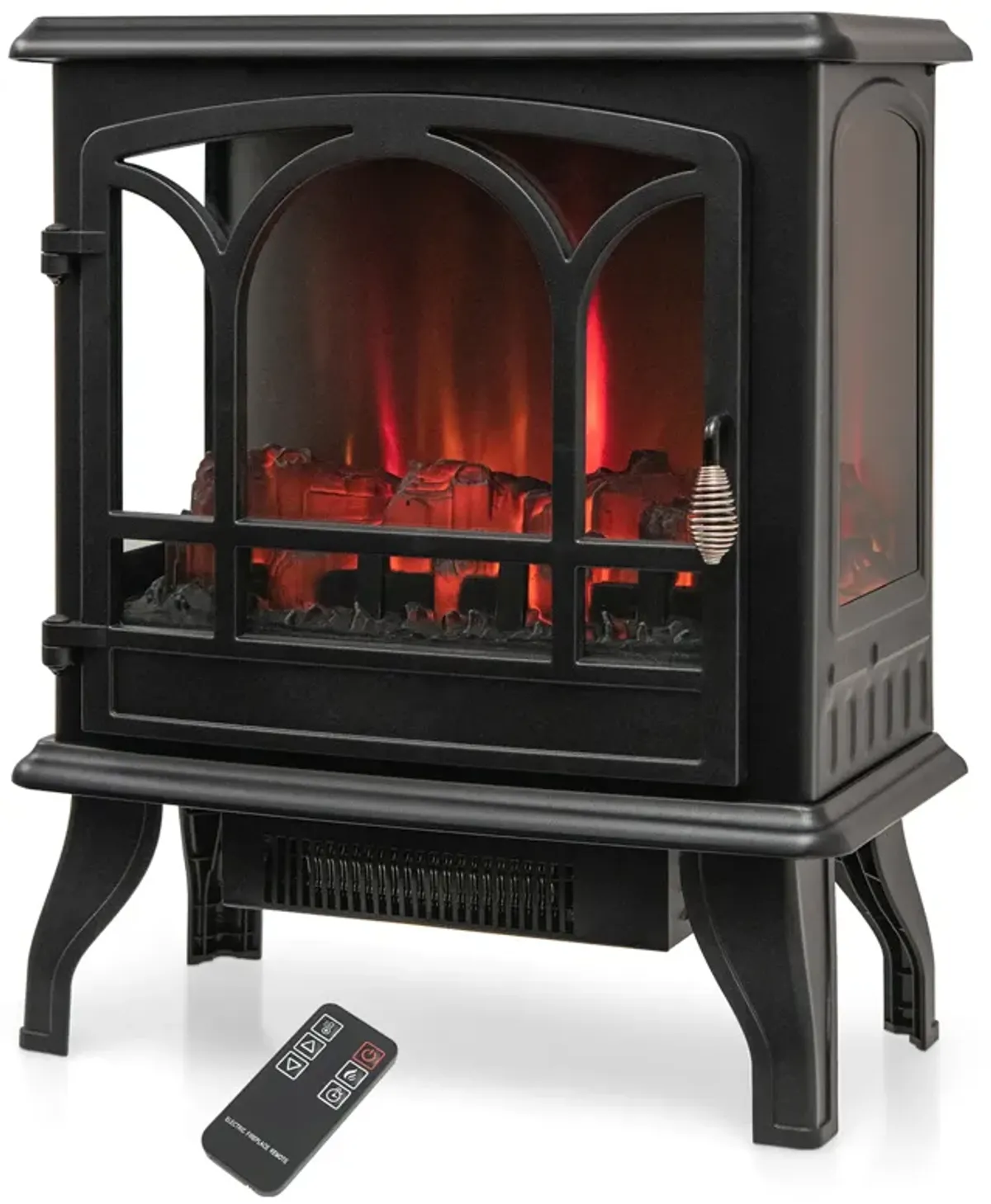 1400W Electric Stove Heater with 3-Level Flame Effect and 3-Sided View-Black