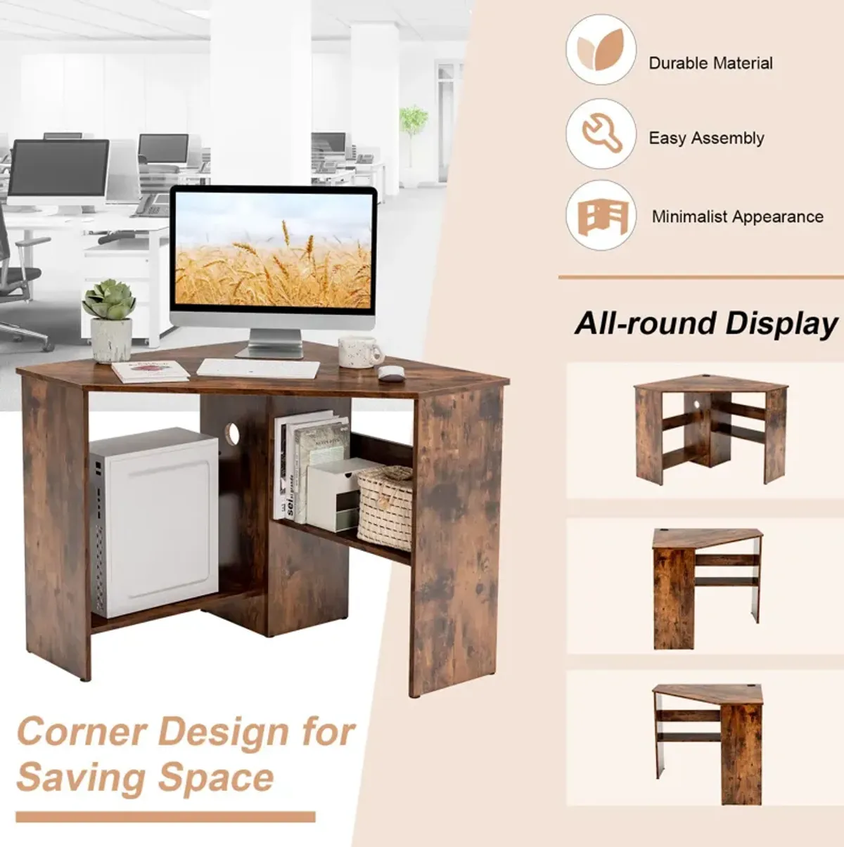 Corner Computer Desk Triangle Writing Workstation with Storage Shelf