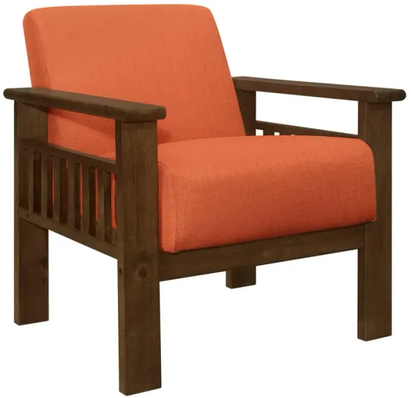 Bella 32 Inch Accent Chair Armchair, Storage Arms, Orange, Solid Rubberwood - Benzara