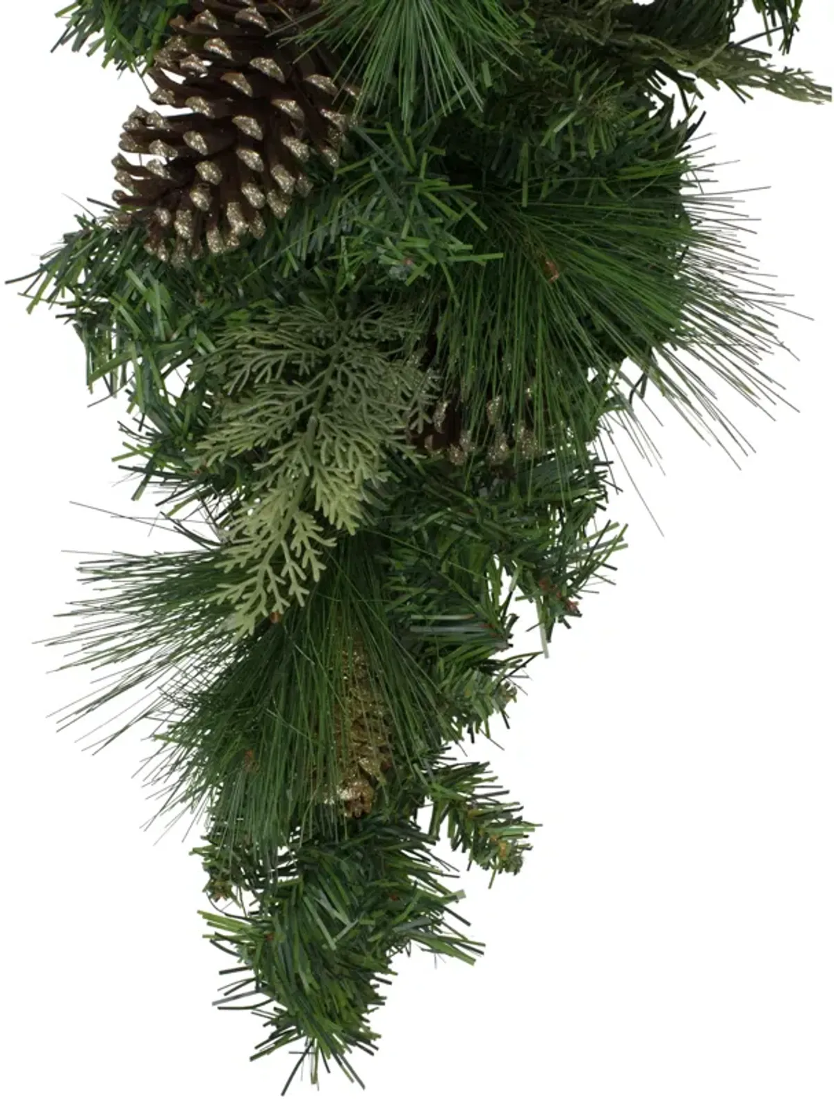 28" Artificial Mixed Pine with Pine Cones and Gold Glitter Christmas Teardrop Swag - Unlit