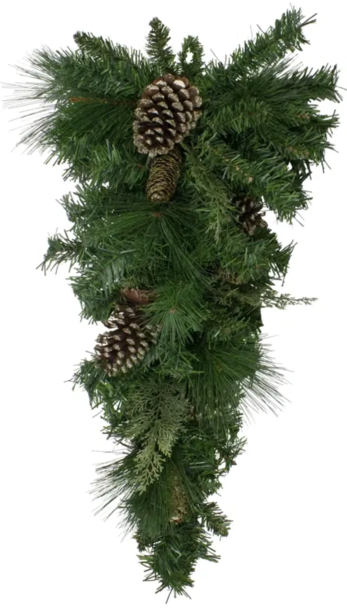 28" Artificial Mixed Pine with Pine Cones and Gold Glitter Christmas Teardrop Swag - Unlit