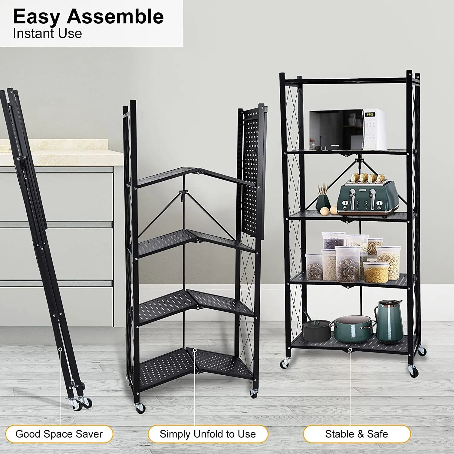 5-Tier Heavy Duty Foldable Metal Rack Storage Shelving Unit with Wheels Moving Easily Organizer Shelves Great for Garage Kitchen Holds up to 1250 lbs Capacity, Black