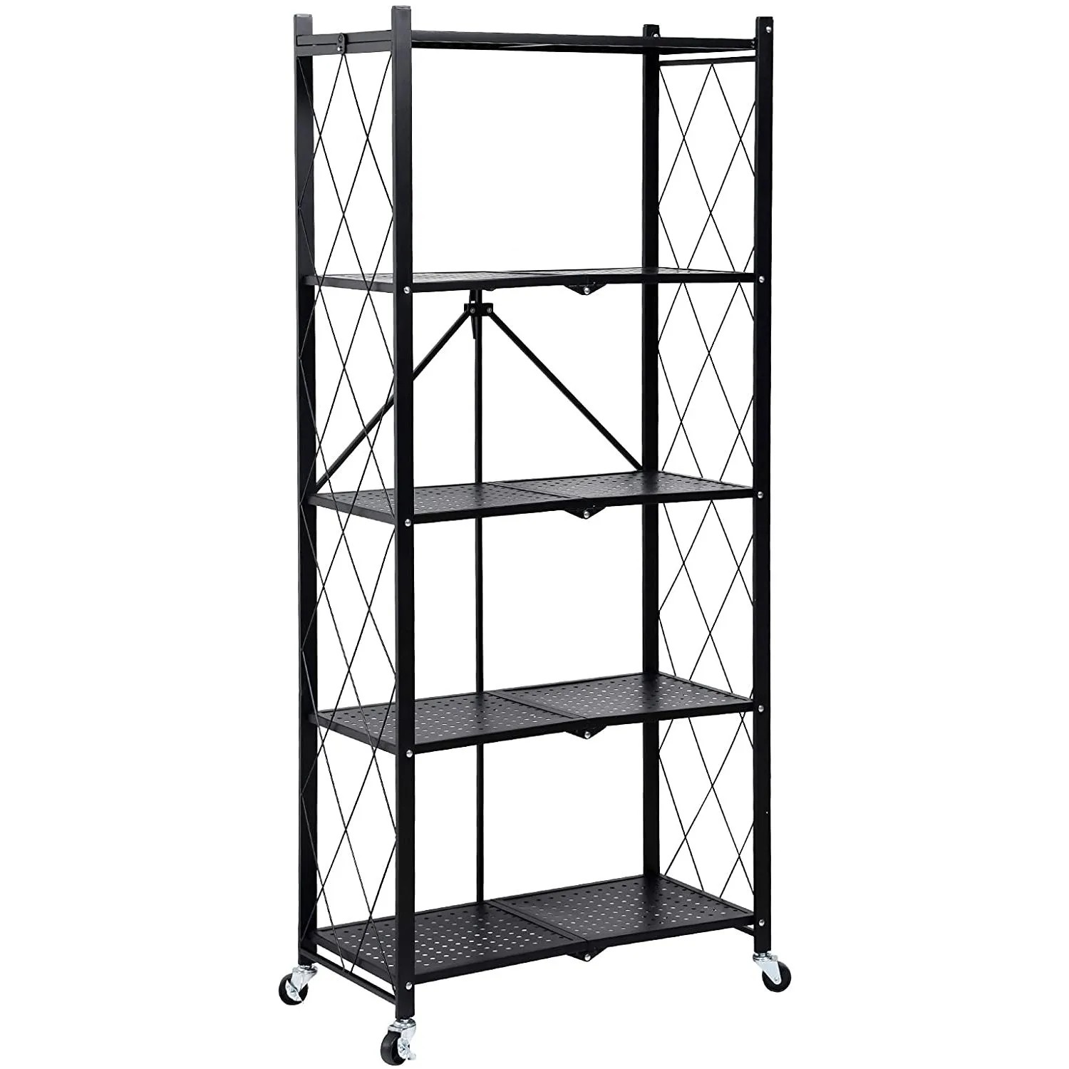 5-Tier Heavy Duty Foldable Metal Rack Storage Shelving Unit with Wheels Moving Easily Organizer Shelves Great for Garage Kitchen Holds up to 1250 lbs Capacity, Black