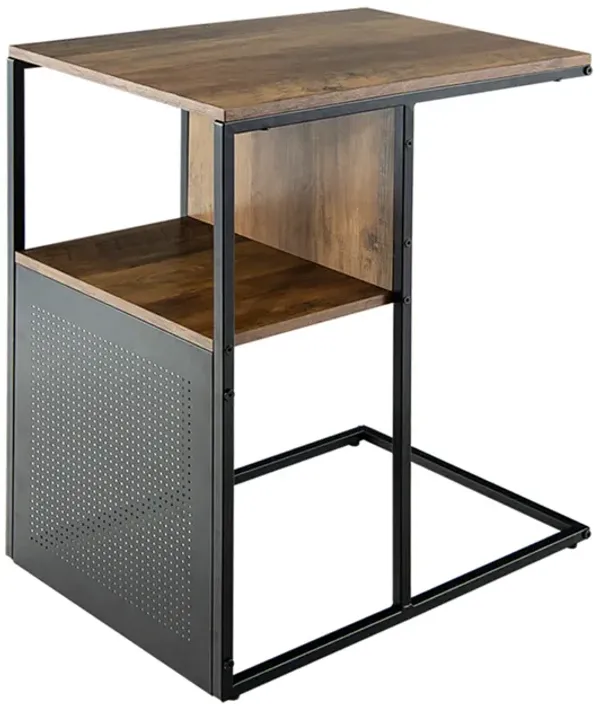 2-Tier C-Shaped Reversible End Table with Wooden Shelf for Living Room-Brown