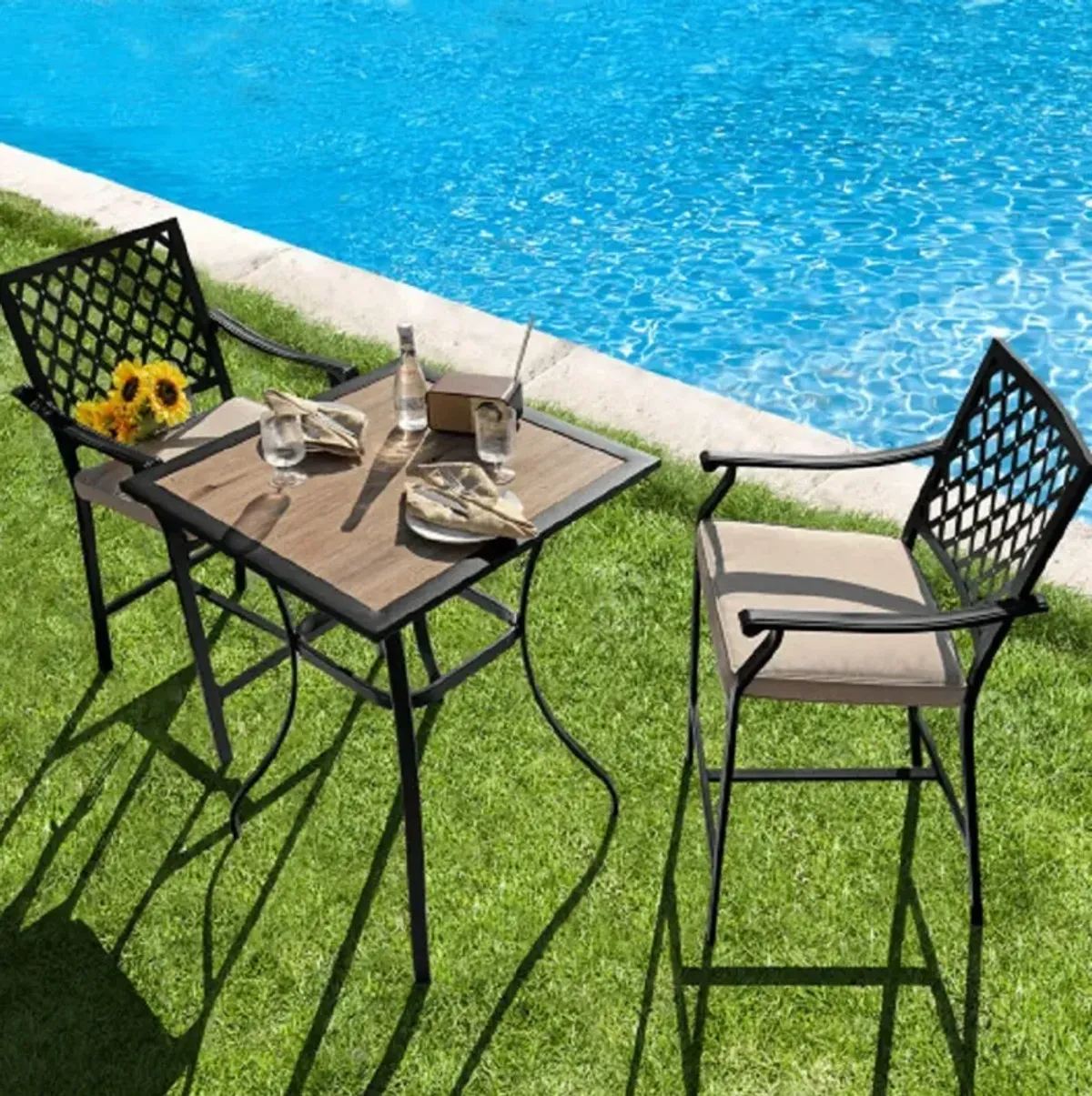 3 Pieces Patio Bar Set with 2 Bar Stools and 1 Square Table