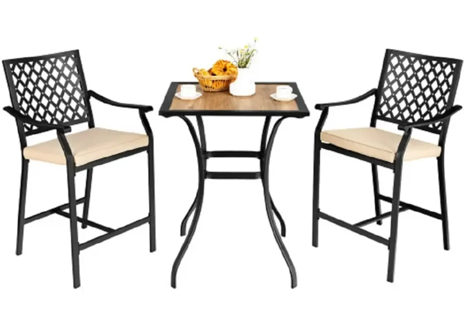 3 Pieces Patio Bar Set with 2 Bar Stools and 1 Square Table