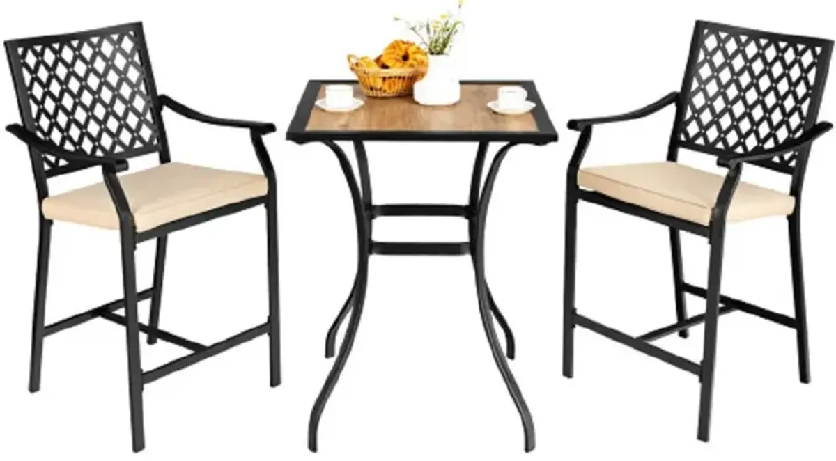 3 Pieces Patio Bar Set with 2 Bar Stools and 1 Square Table