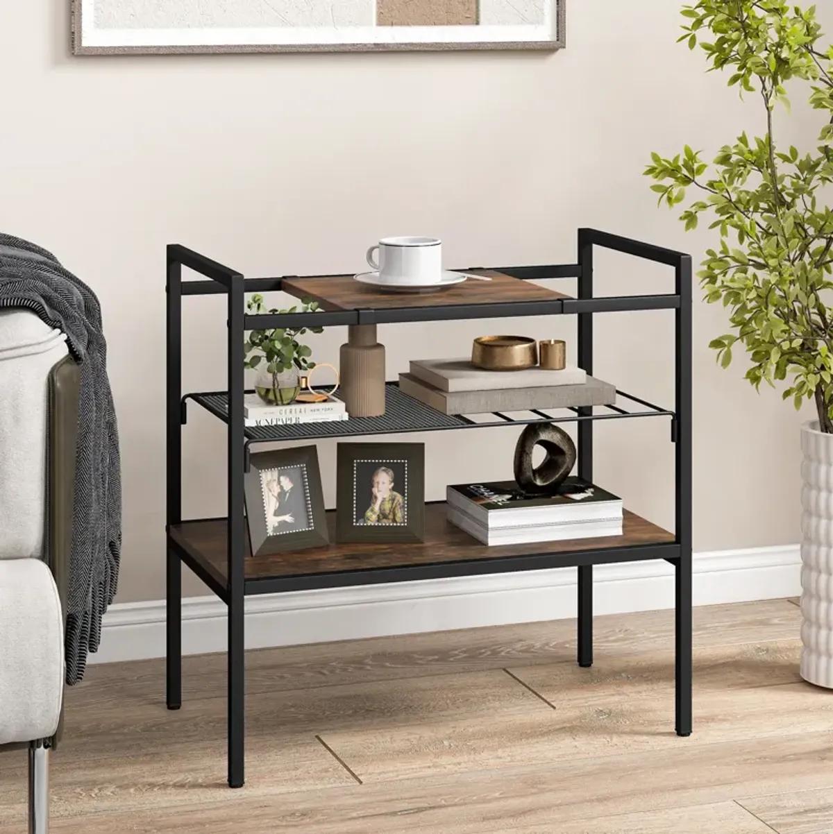 Industrial Entryway Table with Removable Panel and Mesh Shelf