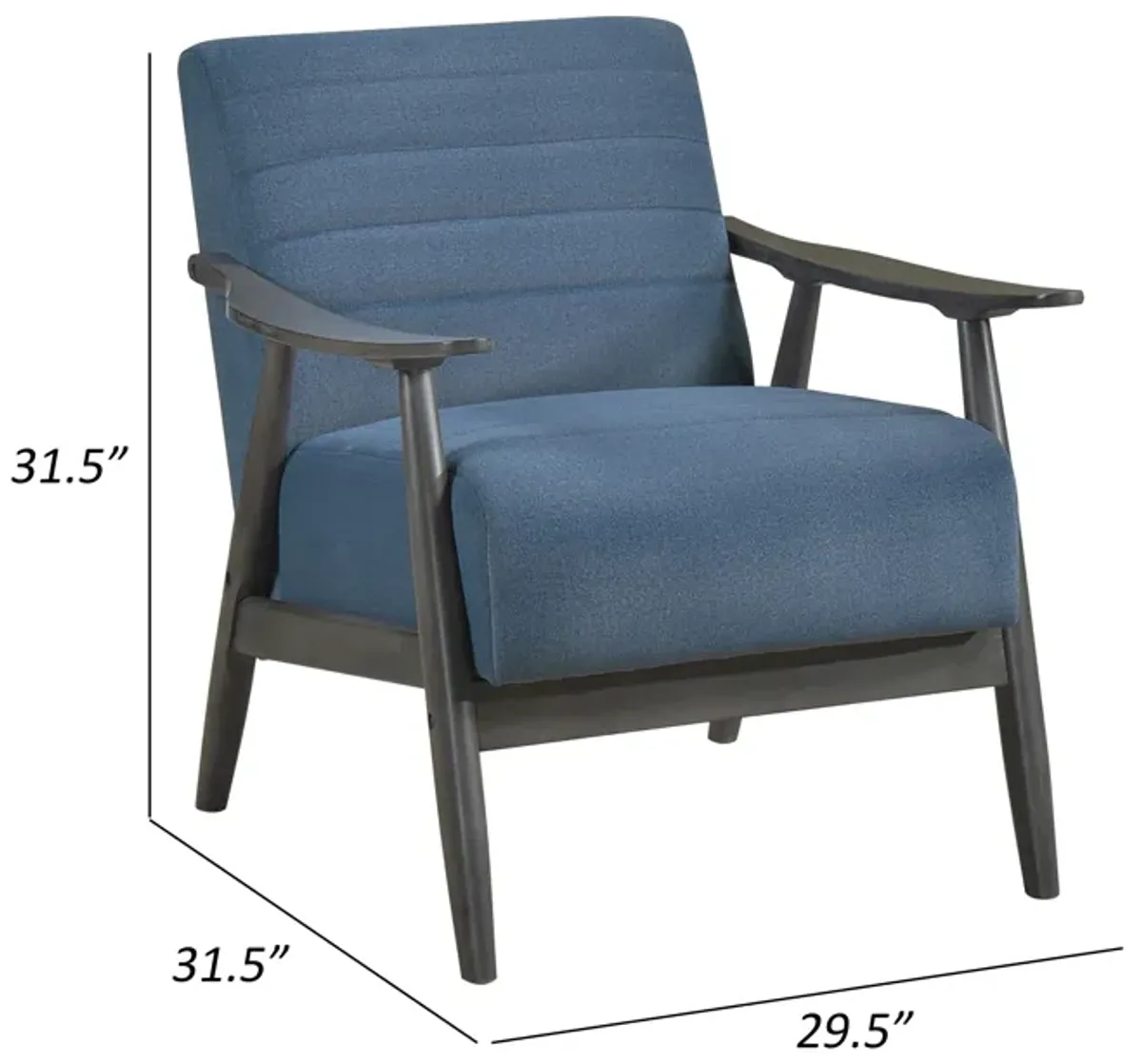 Tira 32 Inch Accent Chair, Channel Stitched, Blue Velvet, Gray Solid Wood - Benzara