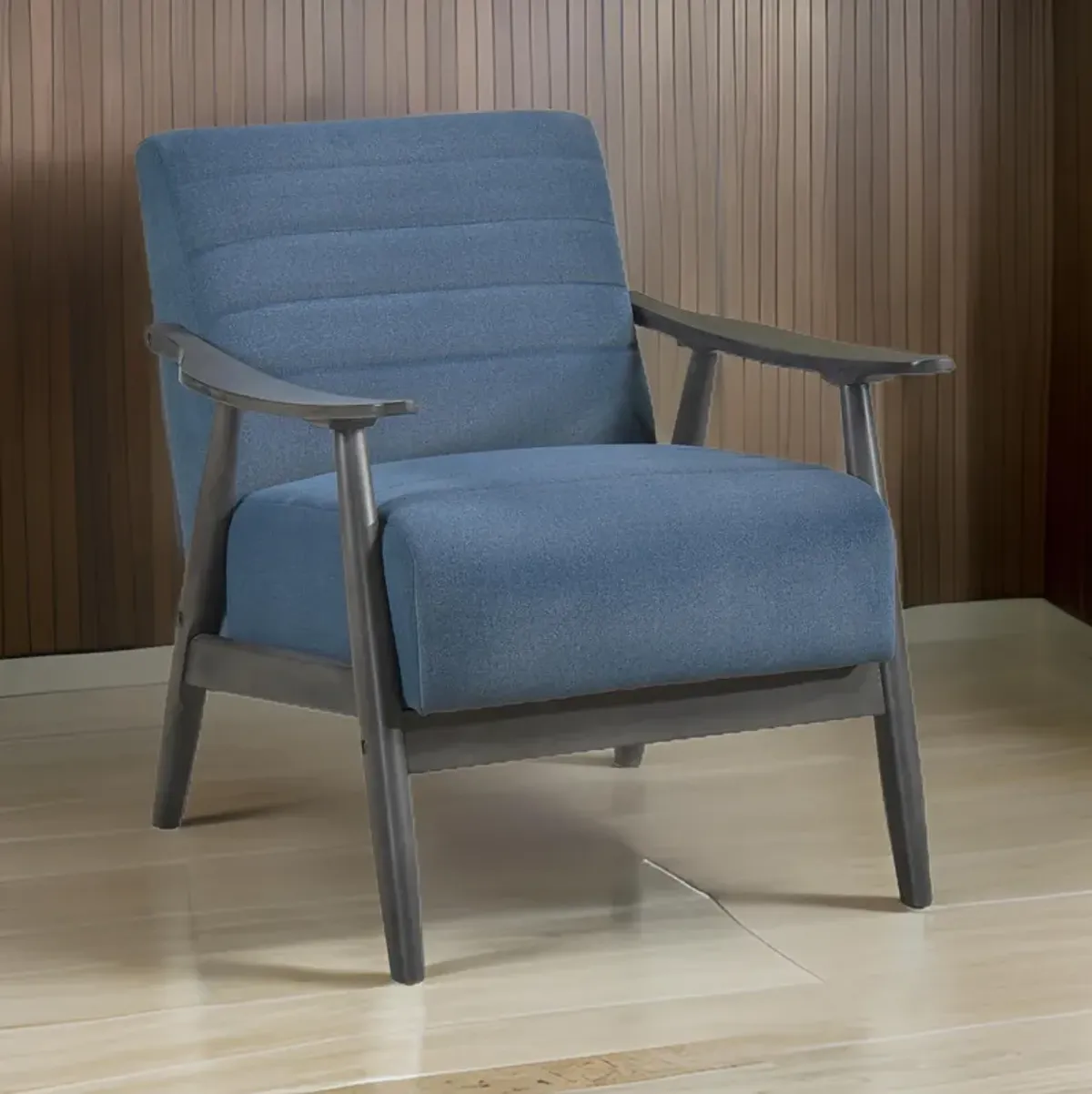Tira 32 Inch Accent Chair, Channel Stitched, Blue Velvet, Gray Solid Wood - Benzara