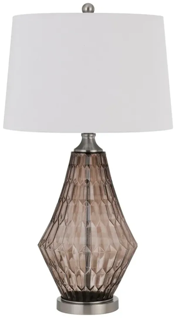 31 Inch Glass Table Lamp with Dimmer, Geometric Base, Brown-Benzara