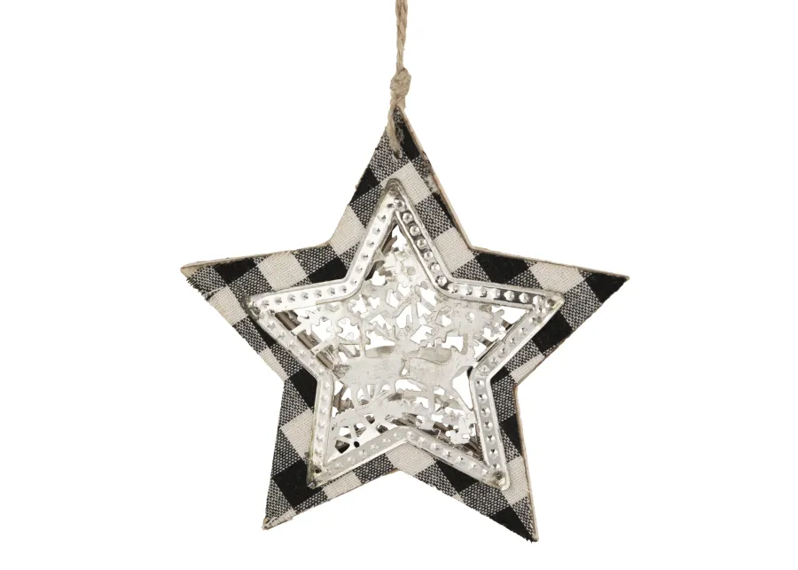 5" Black and White Buffalo Plaid Star with Reindeer Christmas Ornament