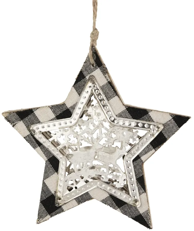 5" Black and White Buffalo Plaid Star with Reindeer Christmas Ornament