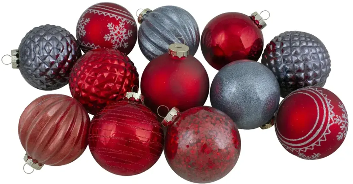 Set of 12 Red and Blue Finial and Glass Ball Christmas Ornaments