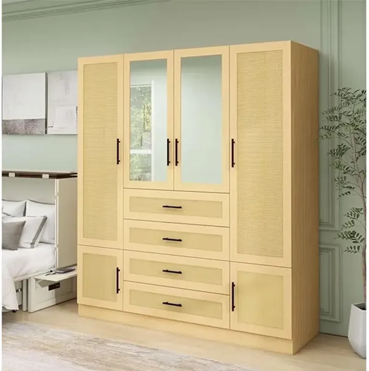 71" H Rattan Bedroom Armoires and Wardrobes, 4 Doors Wardrobe Closet with Mirror & Drawers, Clothes Cabinet Wardrobe with Hanging Rods, Wooden Closet Wardrobes for Bedroom