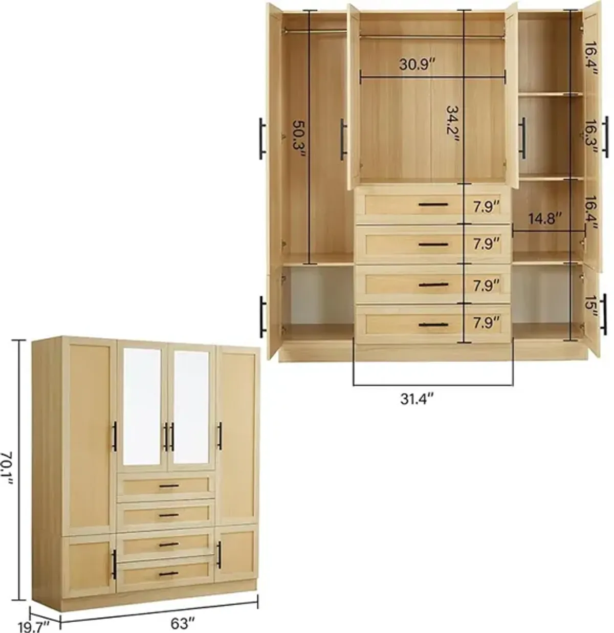 71" H Rattan Bedroom Armoires and Wardrobes, 4 Doors Wardrobe Closet with Mirror & Drawers, Clothes Cabinet Wardrobe with Hanging Rods, Wooden Closet Wardrobes for Bedroom