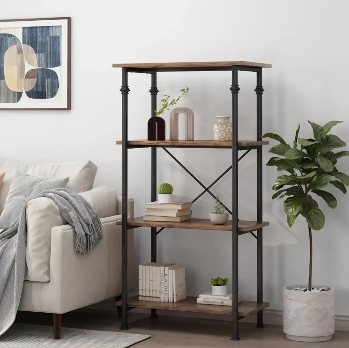 Modern Industrial 4-Layer Faux Wood Bookshelf with Iron Frame