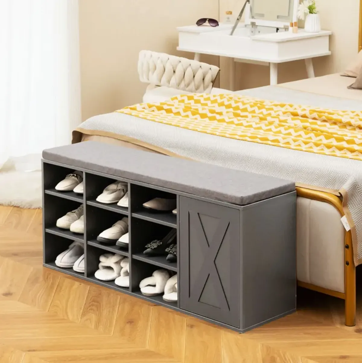 9-Cube Adjustable Storage Shoe Bench with Padded Cushion for Entryway