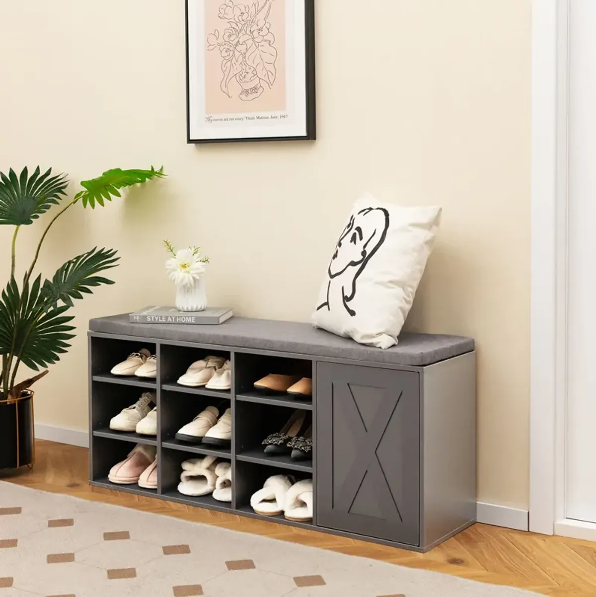 9-Cube Adjustable Storage Shoe Bench with Padded Cushion for Entryway