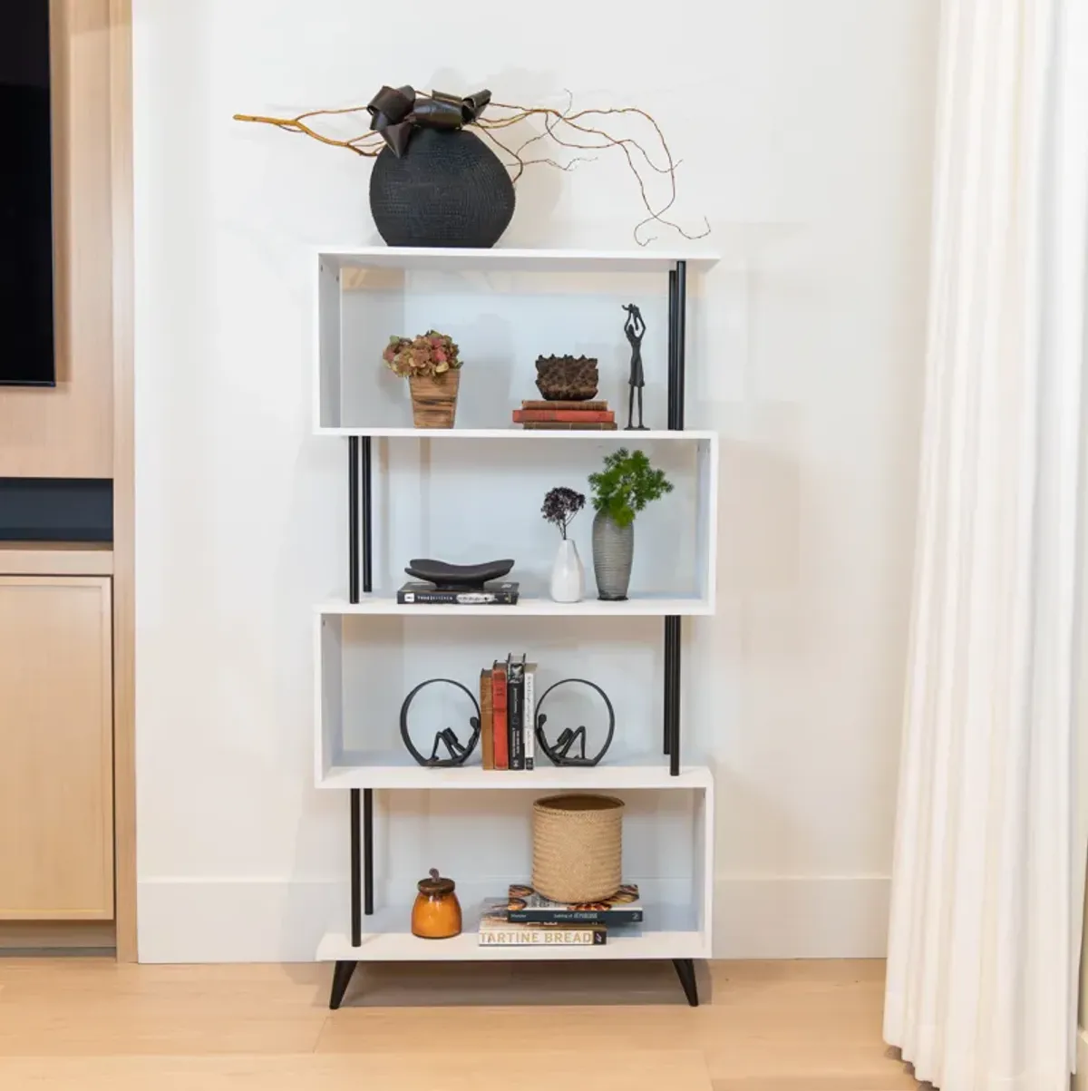 Breuer Multi-Tier White S-Shaped Bookcase with Black Hardware Accents