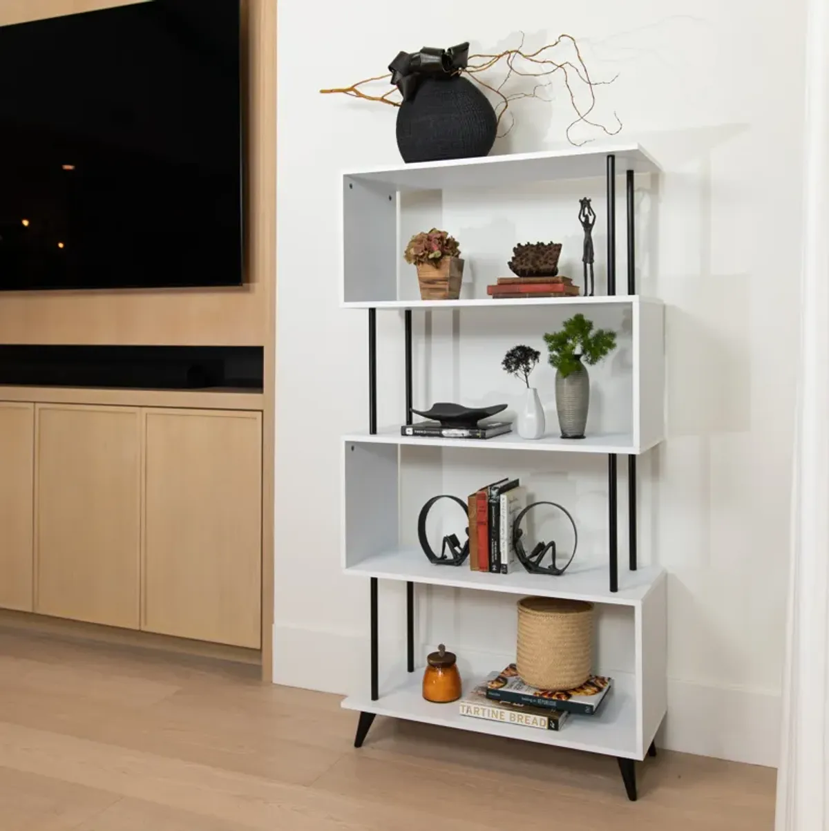 Breuer Multi-Tier White S-Shaped Bookcase with Black Hardware Accents