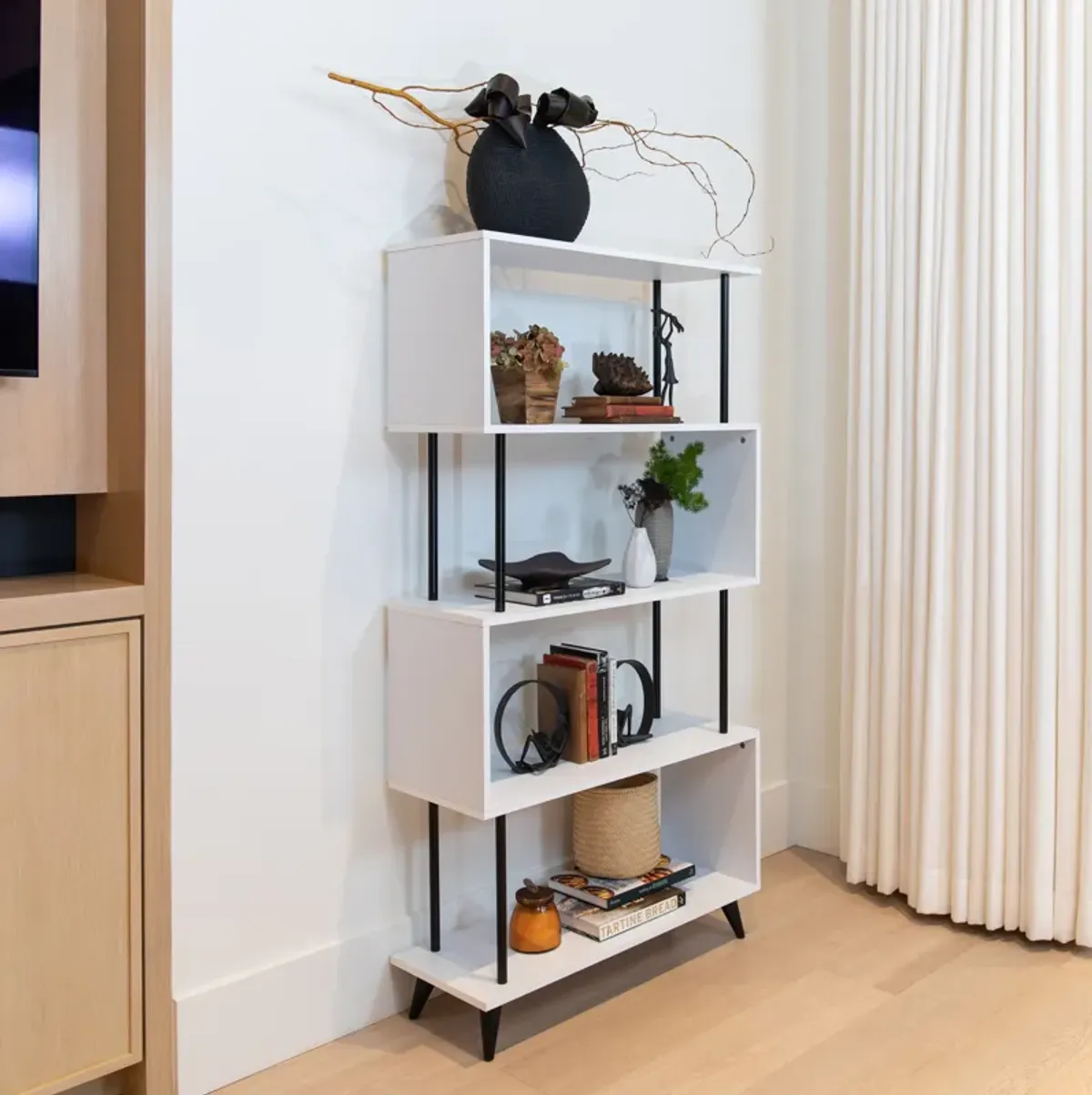 Breuer Multi-Tier White S-Shaped Bookcase with Black Hardware Accents