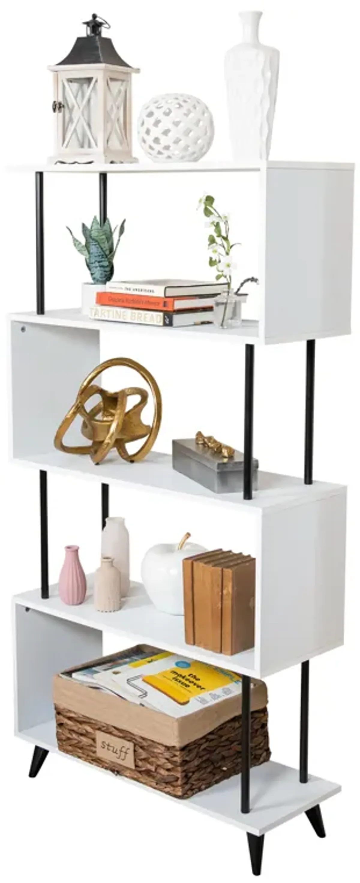 Breuer Multi-Tier White S-Shaped Bookcase with Black Hardware Accents