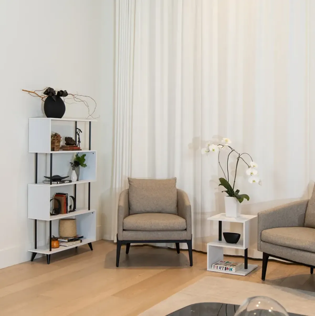 Breuer Multi-Tier White S-Shaped Bookcase with Black Hardware Accents