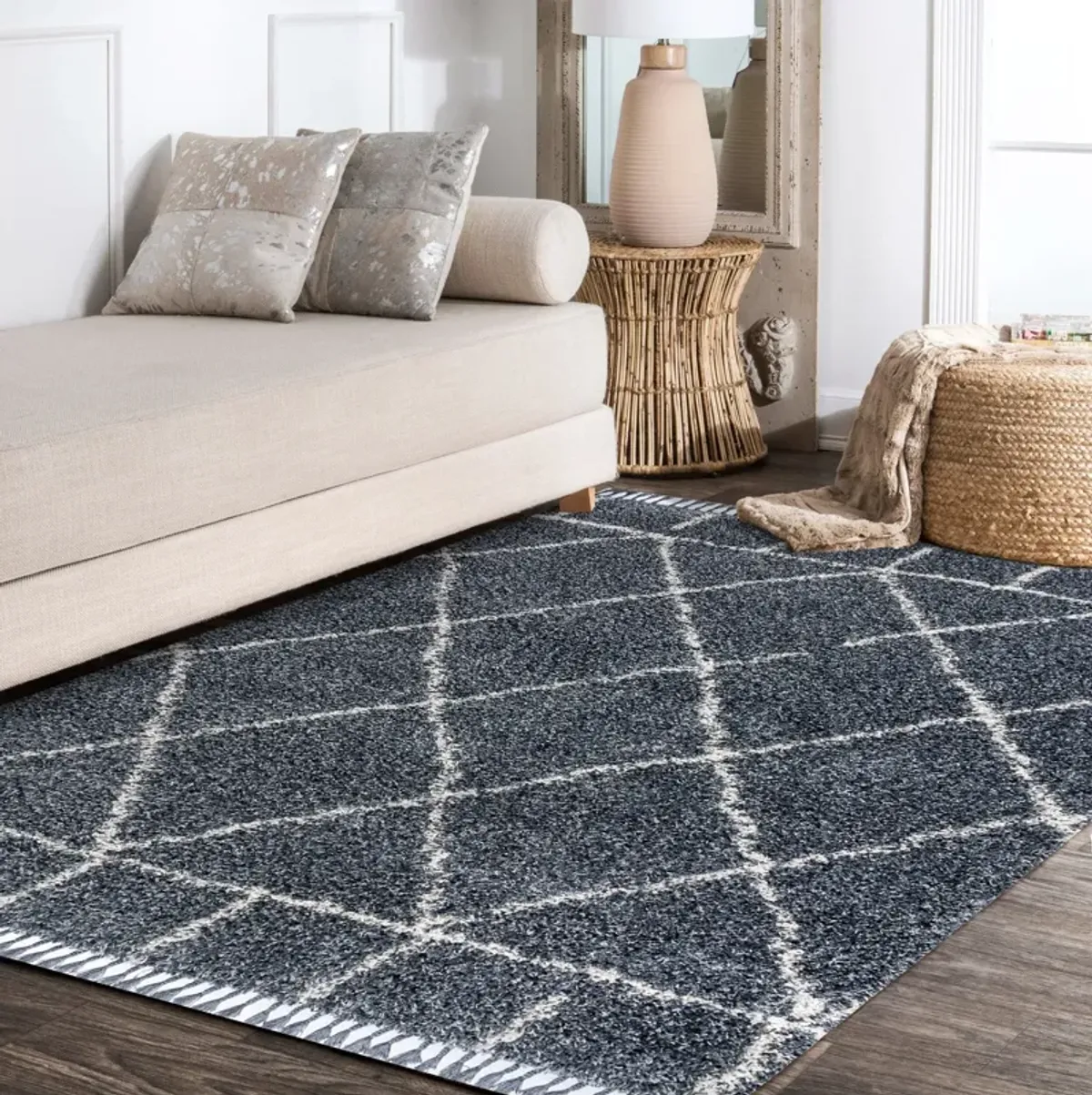 Mercer Shag Plush Tassel Moroccan Geometric Trellis Area Rug