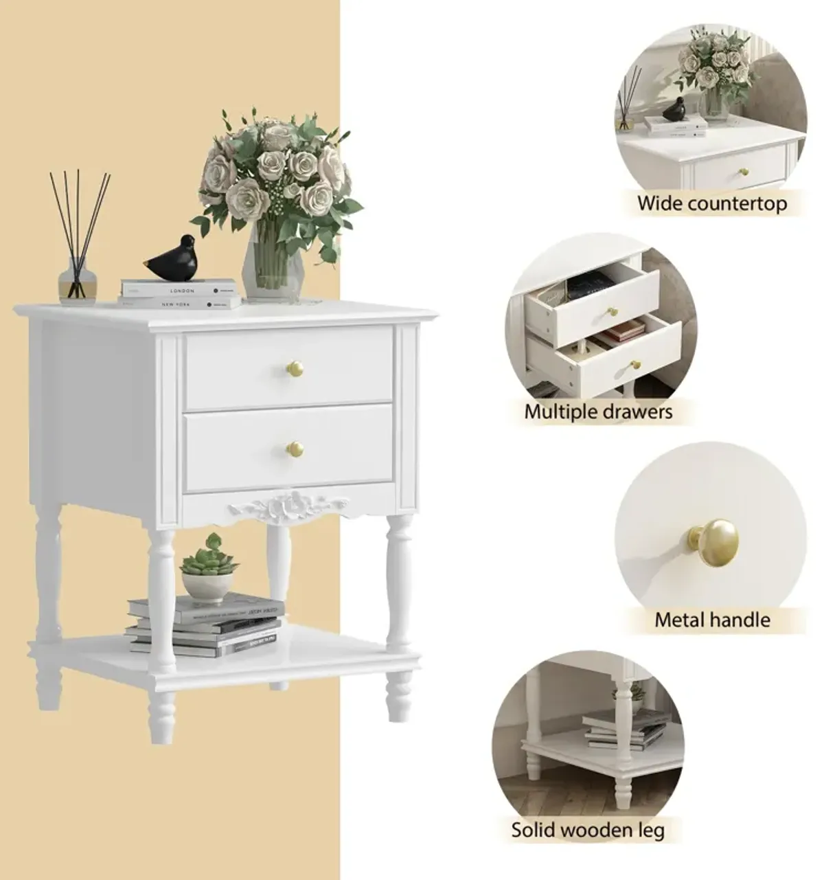 19.7 in. W x 16.9 in. D x 25.2 in. H, White Rectangle Wooden End Table, Dresser, Nightstand with 2- Drawer, Open Shelf