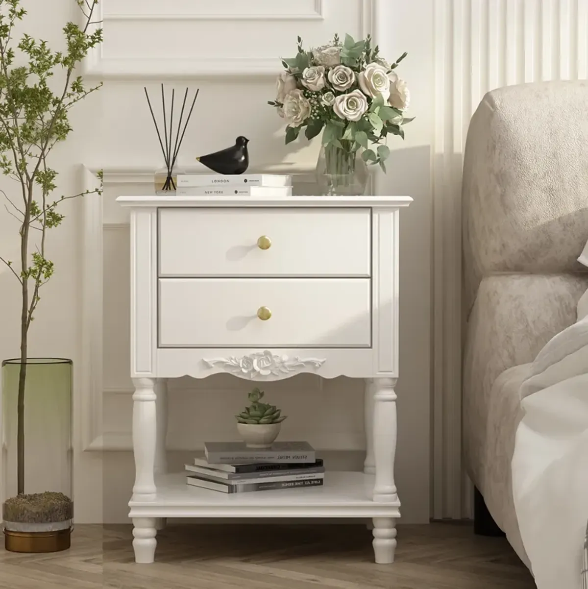 19.7 in. W x 16.9 in. D x 25.2 in. H, White Rectangle Wooden End Table, Dresser, Nightstand with 2- Drawer, Open Shelf