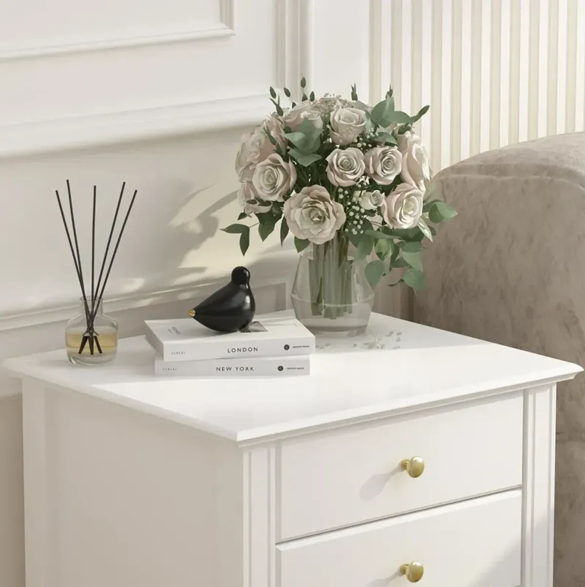 19.7 in. W x 16.9 in. D x 25.2 in. H, White Rectangle Wooden End Table, Dresser, Nightstand with 2- Drawer, Open Shelf