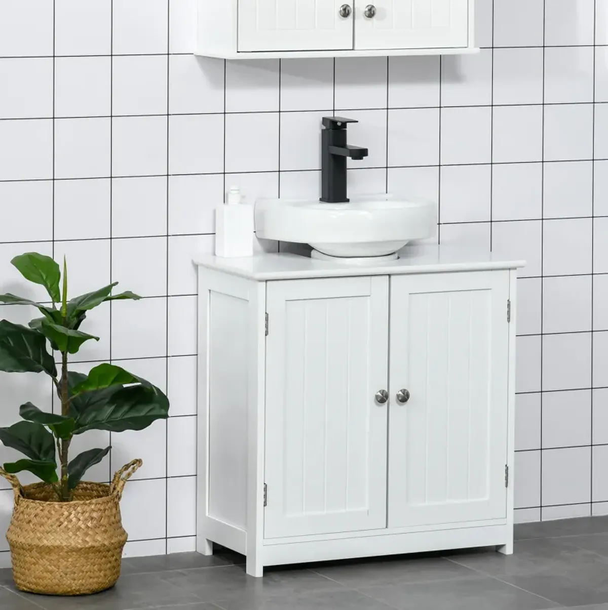 Short Pedestal Sink Washroom Storage Furniture w/Double Doors and Moveable Shelf