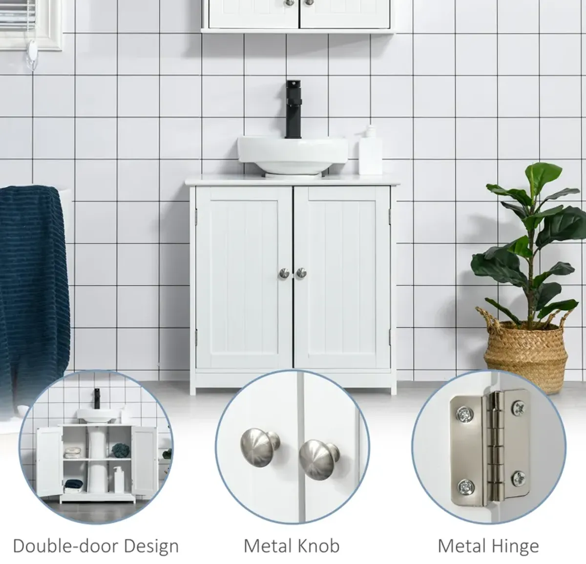 Short Pedestal Sink Washroom Storage Furniture w/Double Doors and Moveable Shelf