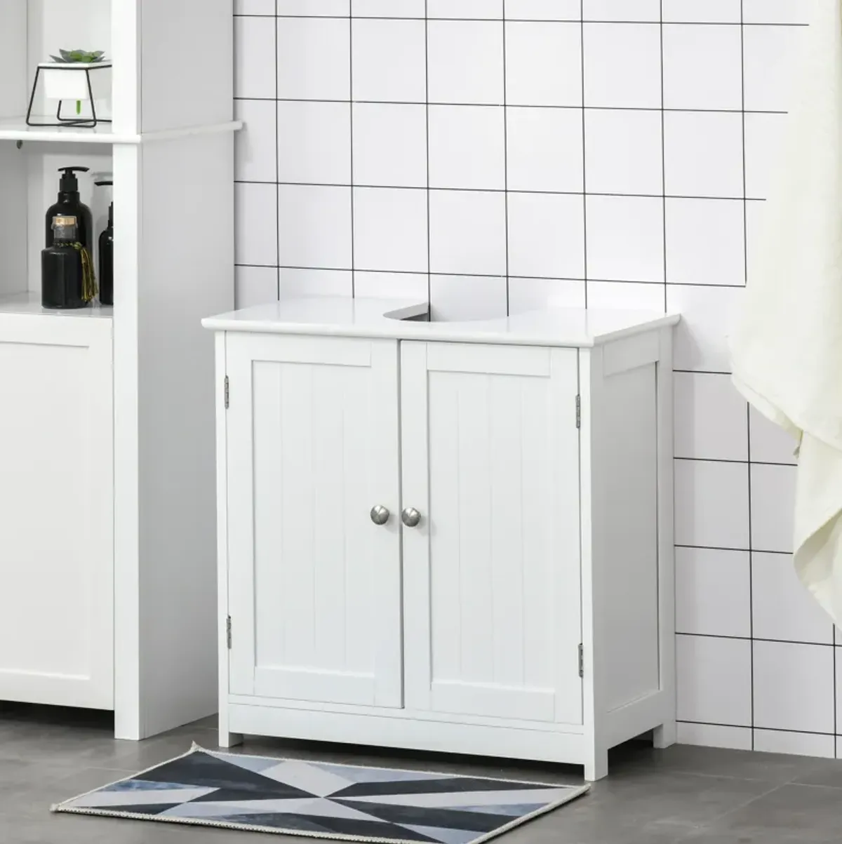 Short Pedestal Sink Washroom Storage Furniture w/Double Doors and Moveable Shelf