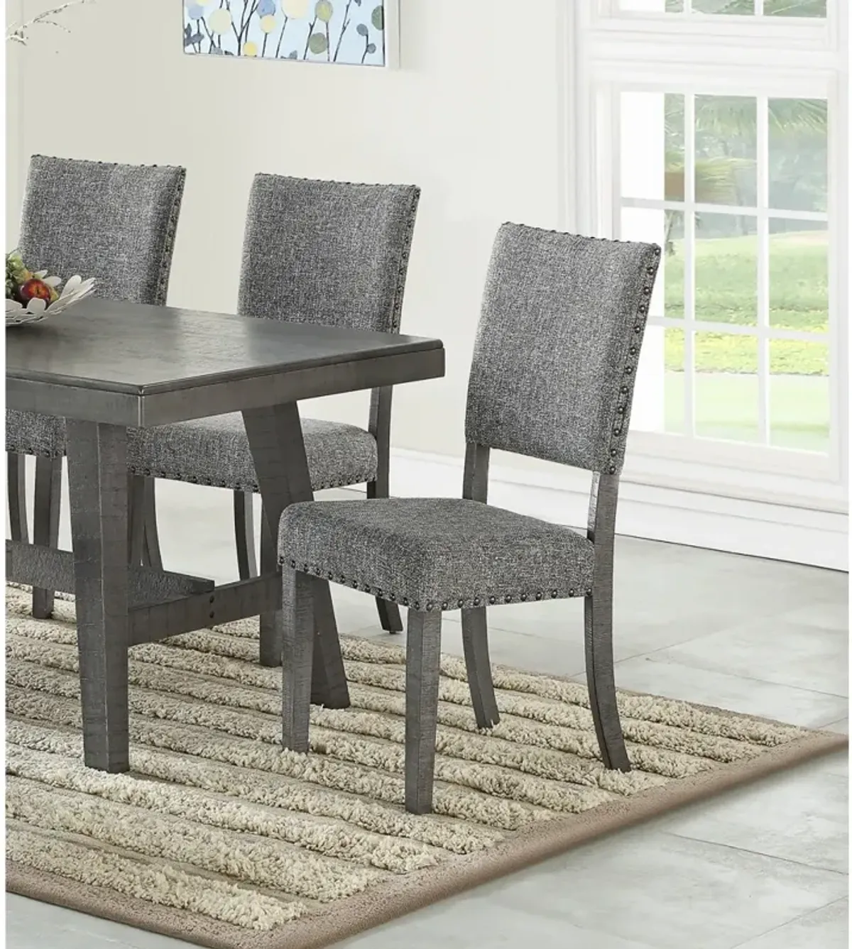 Modern Gray Fabric Upholstered Set Of 2 Side Chairs Dining Room Saw Tooth Engraving