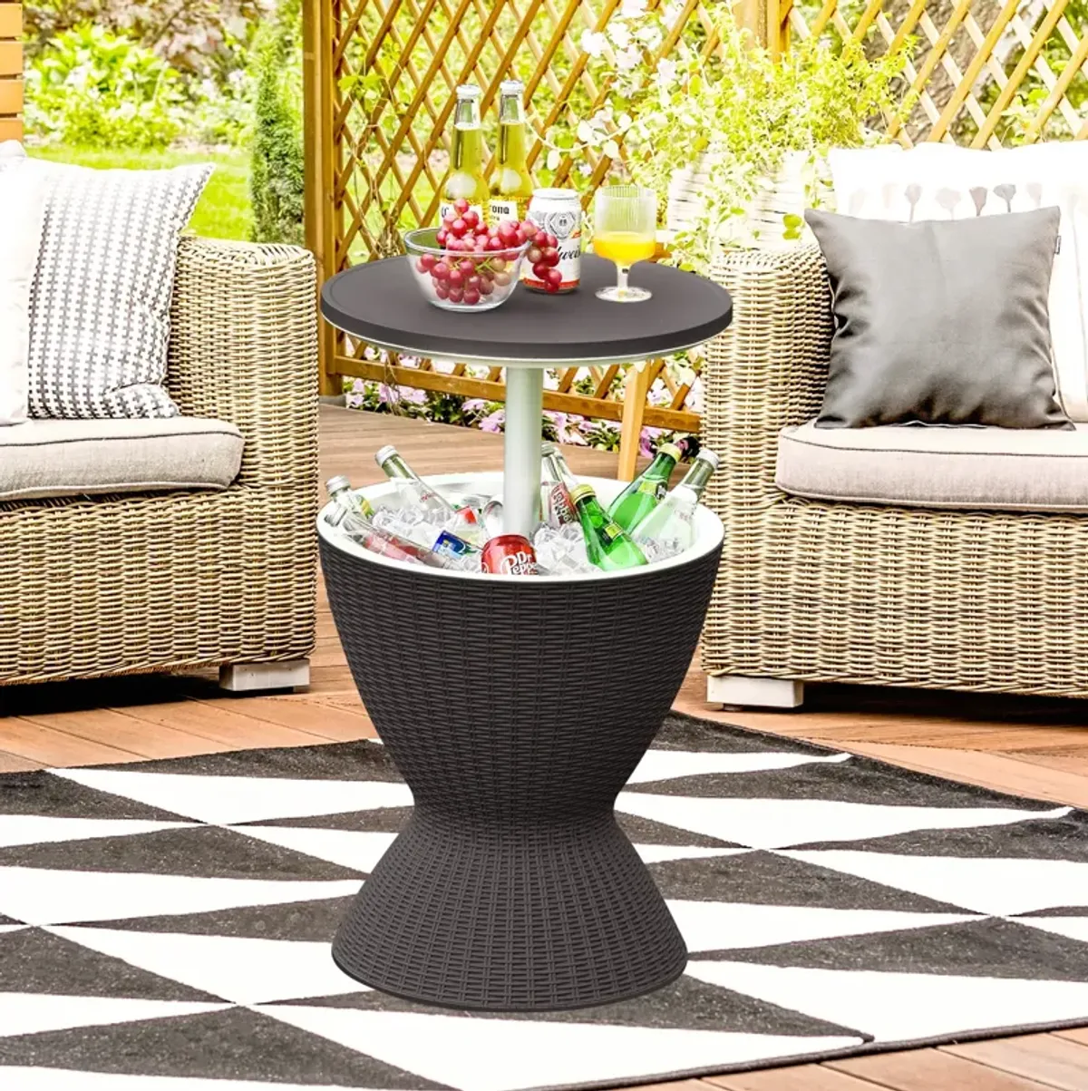 3 in 1 8 Gallon Patio Rattan Cooler Bar Table with Adjust Ice Bucket