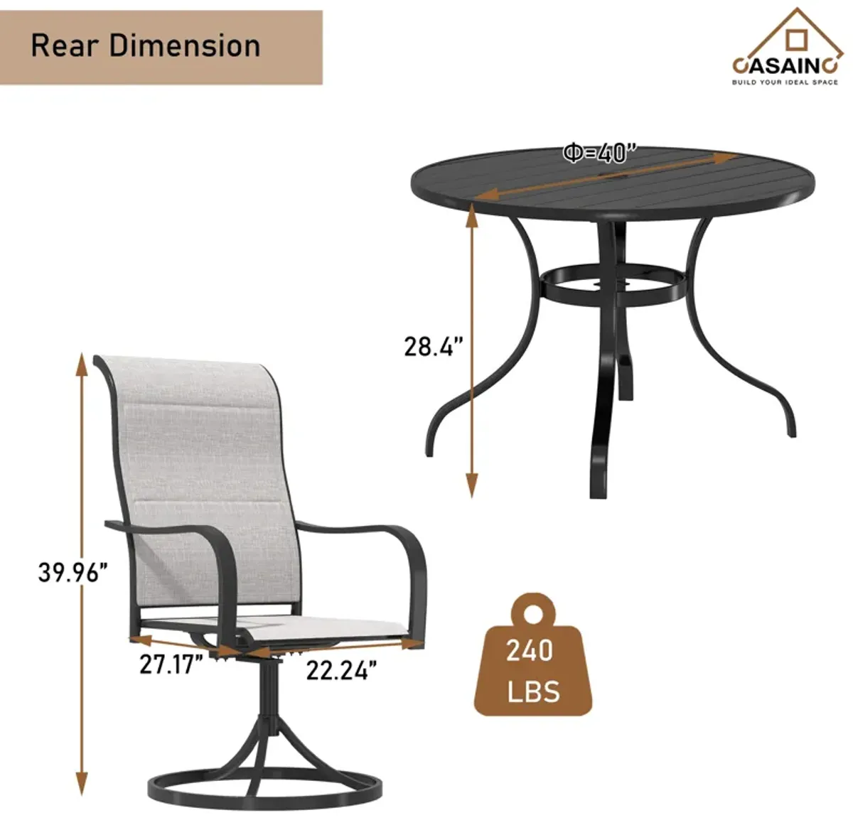 5 Piece Steel Frame Patio Dining Set, Swivel Dining Chair