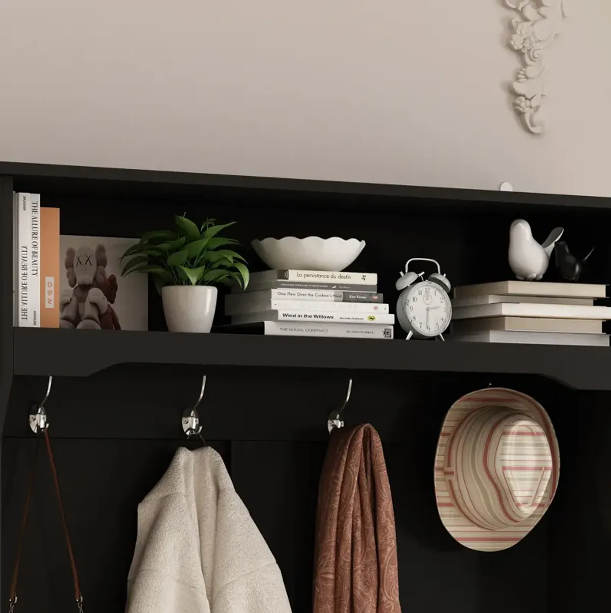 Gray Painted Hall Tree with Shoe Bench, Hanging Hooks, and Storage Cubbies, Entryway