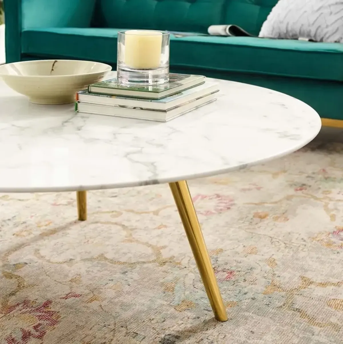 Modway Lippa 40" Round Artificial Marble Coffee Table with Tripod Top, Gold Base